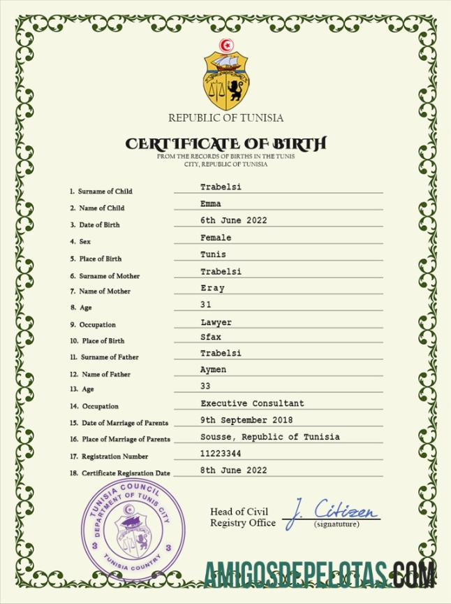 Imprimível modelo PSD de certidão de nascimento de registro vital da Tunísia